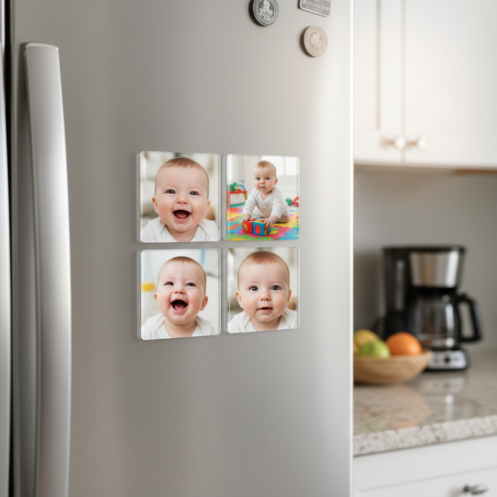 4 foto iman de 2x2, en el refrigerador con fotografias de una bebe