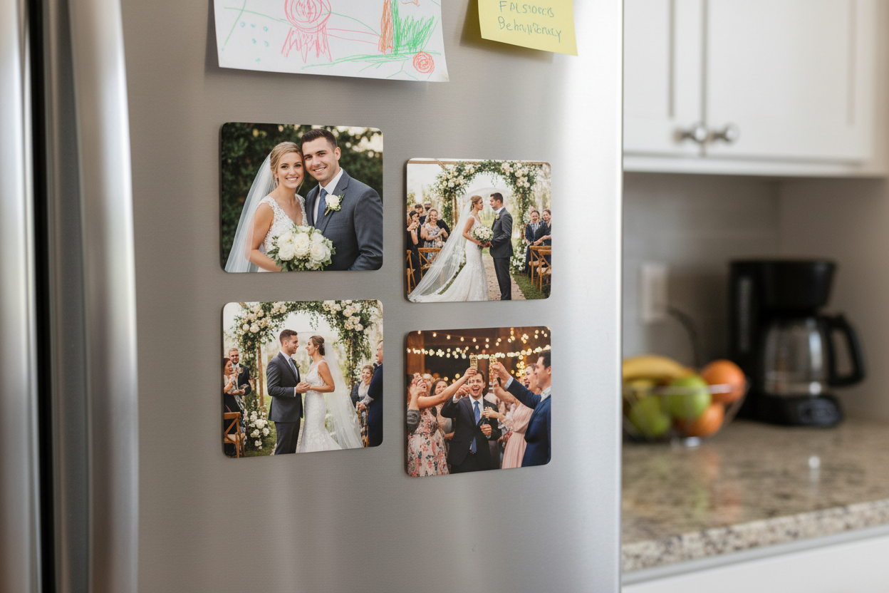 4 foto iman de 2x2, pegados en el refrigerador con fotografias de una boda 