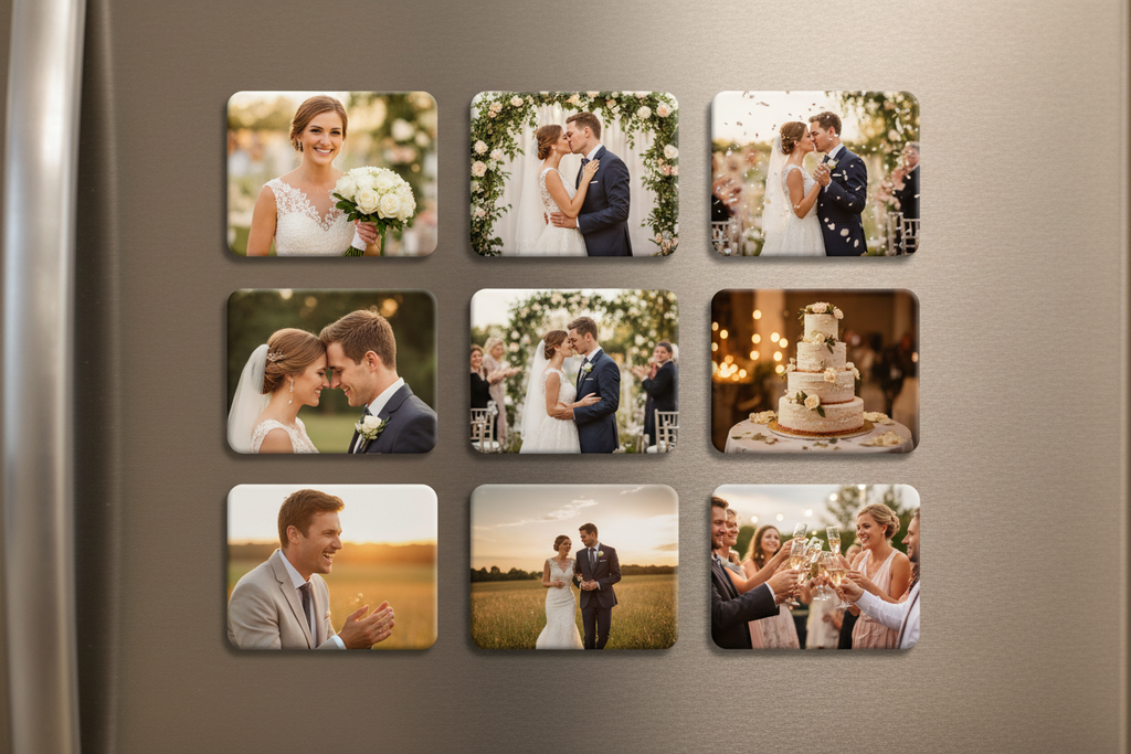 9 foto iman de 2x2, en un refrigerador de una boda 