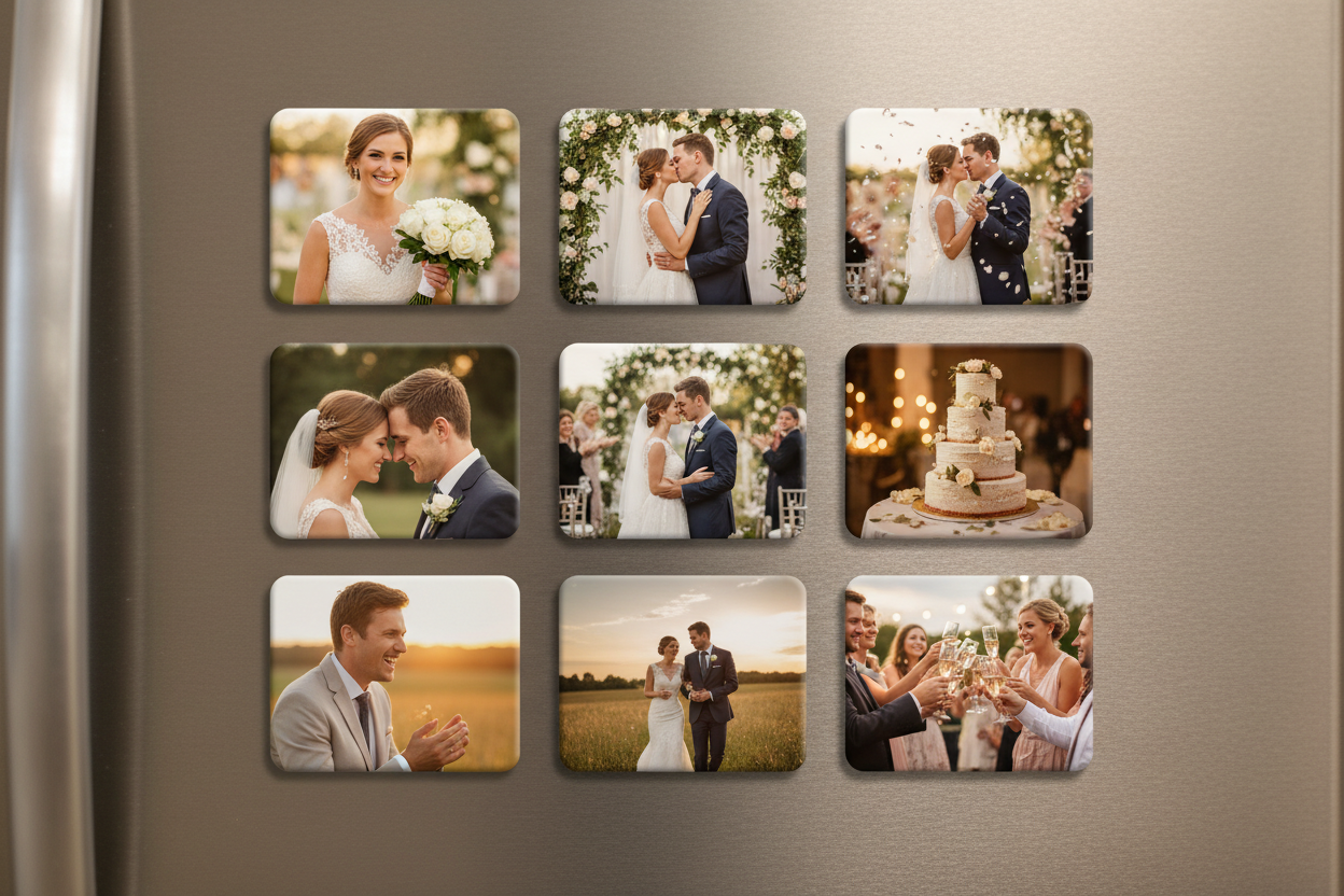 9 foto iman de 2x2, en un refrigerador de una boda 