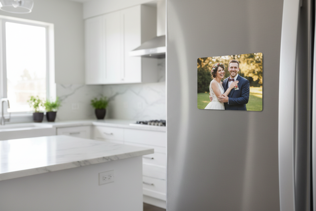 foto iman con fotografia de casados delgada y pegada a un refrigerador 