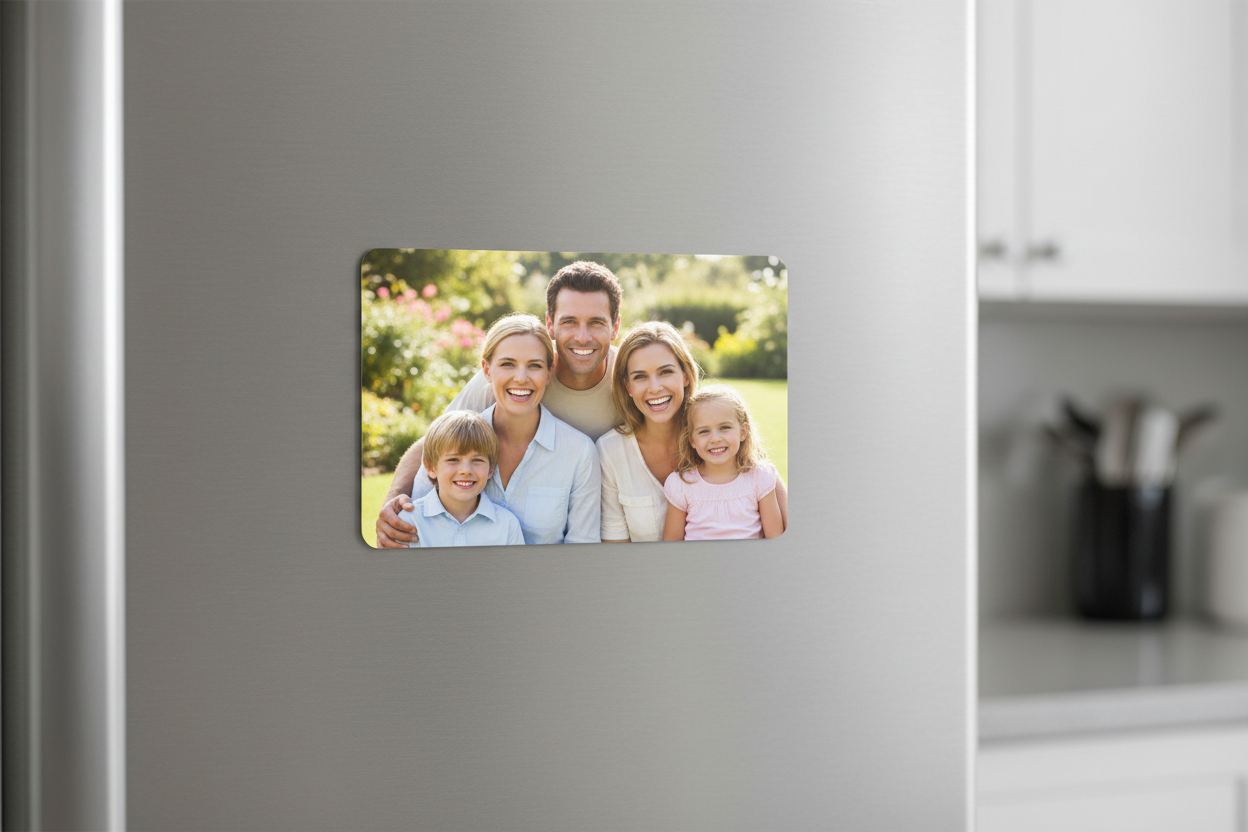 foto iman delgada pegada en el refrigerador con fotografia de la familia 