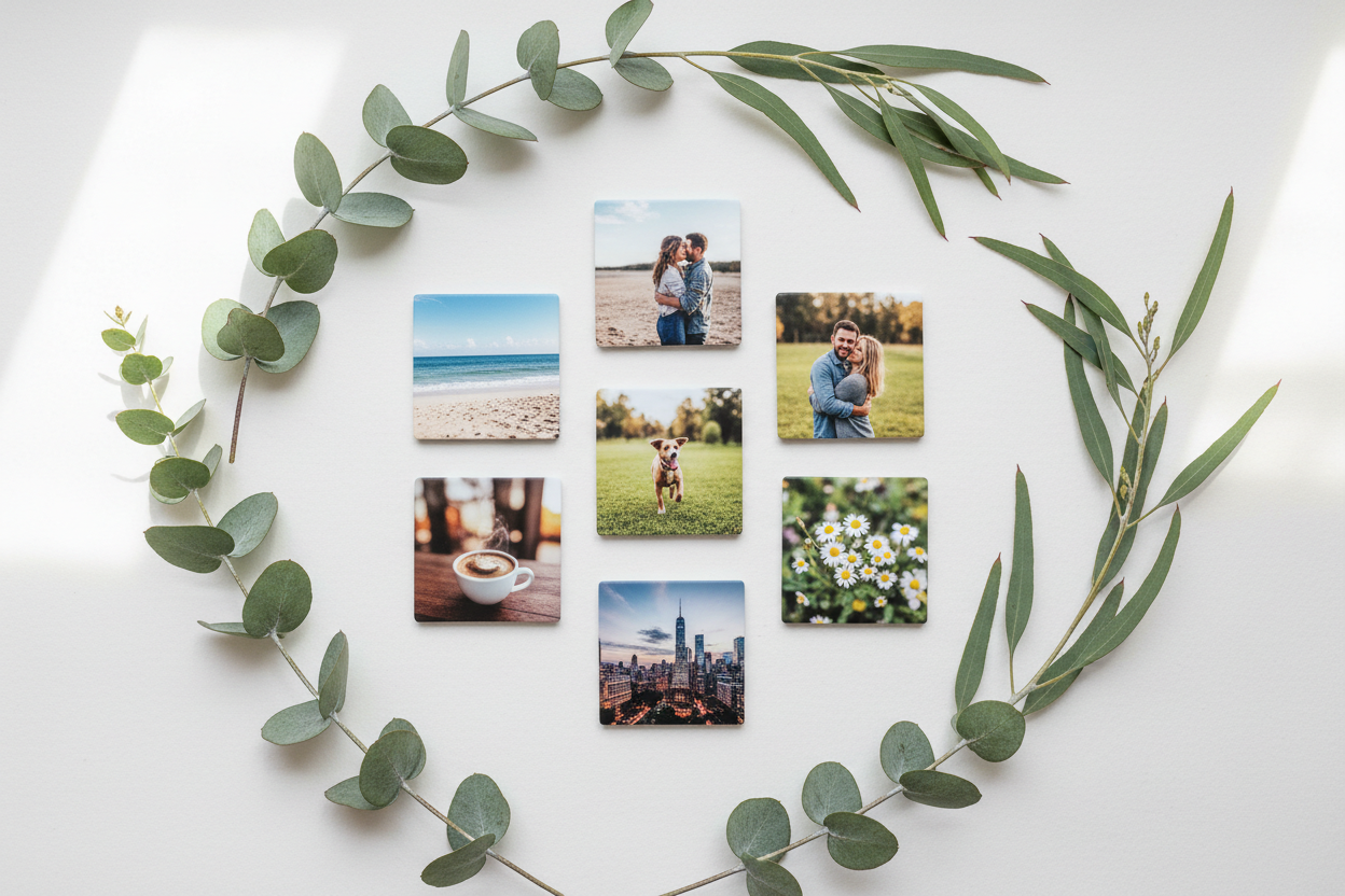 imagen con 6 foto imanes de 2x2, y eucalipto como decoracion 